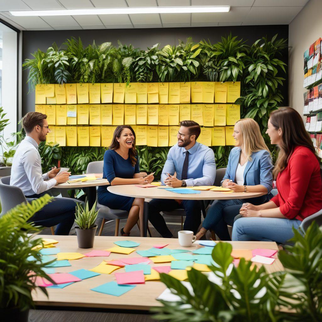 A vibrant and diverse group of employees joyfully collaborating in a modern office space, surrounded by plants and motivational posters. Illustrate an atmosphere of positivity, with smiles and laughter, showcasing HR professionals engaging actively with team members. Include elements like a brainstorming board filled with ideas and a coffee corner where people are networking. super-realistic. vibrant colors. dynamic composition.