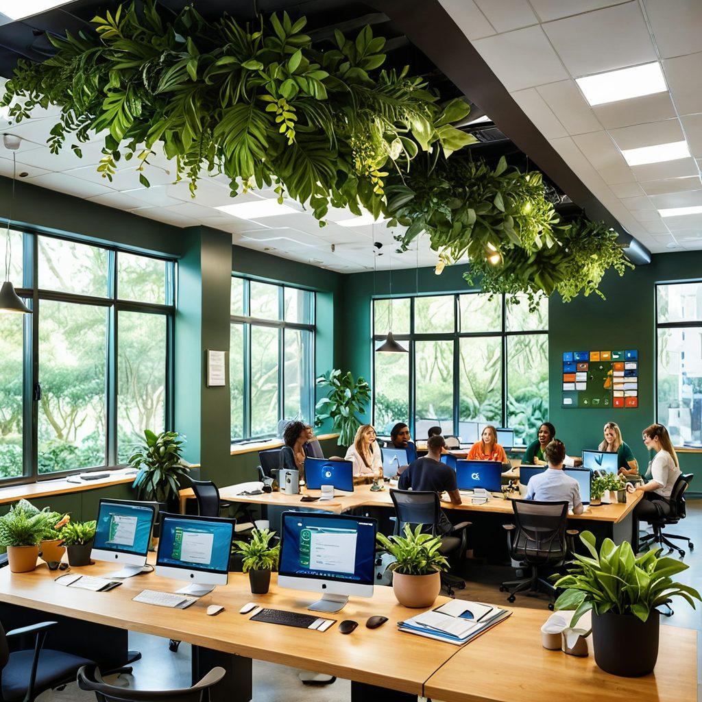 A vibrant and collaborative workplace where diverse employees are joyfully engaging in team activities, surrounded by greenery and uplifting decor. Visual elements highlighting HR strategies like wellness programs, teamwork symbols, and positivity quotes. The atmosphere should radiate happiness and well-being, capturing the essence of a supportive work environment. super-realistic. bright colors. lively composition.
